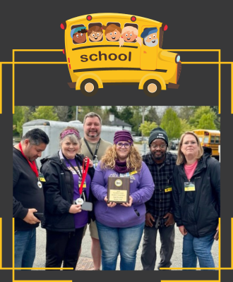  Group of six bus drivers facing camera holding a plaque